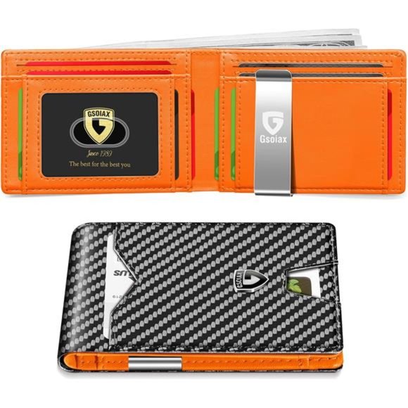 Slim Wallet for Men with 11 card Slots Rfid Blocking Carbon and Orange Money